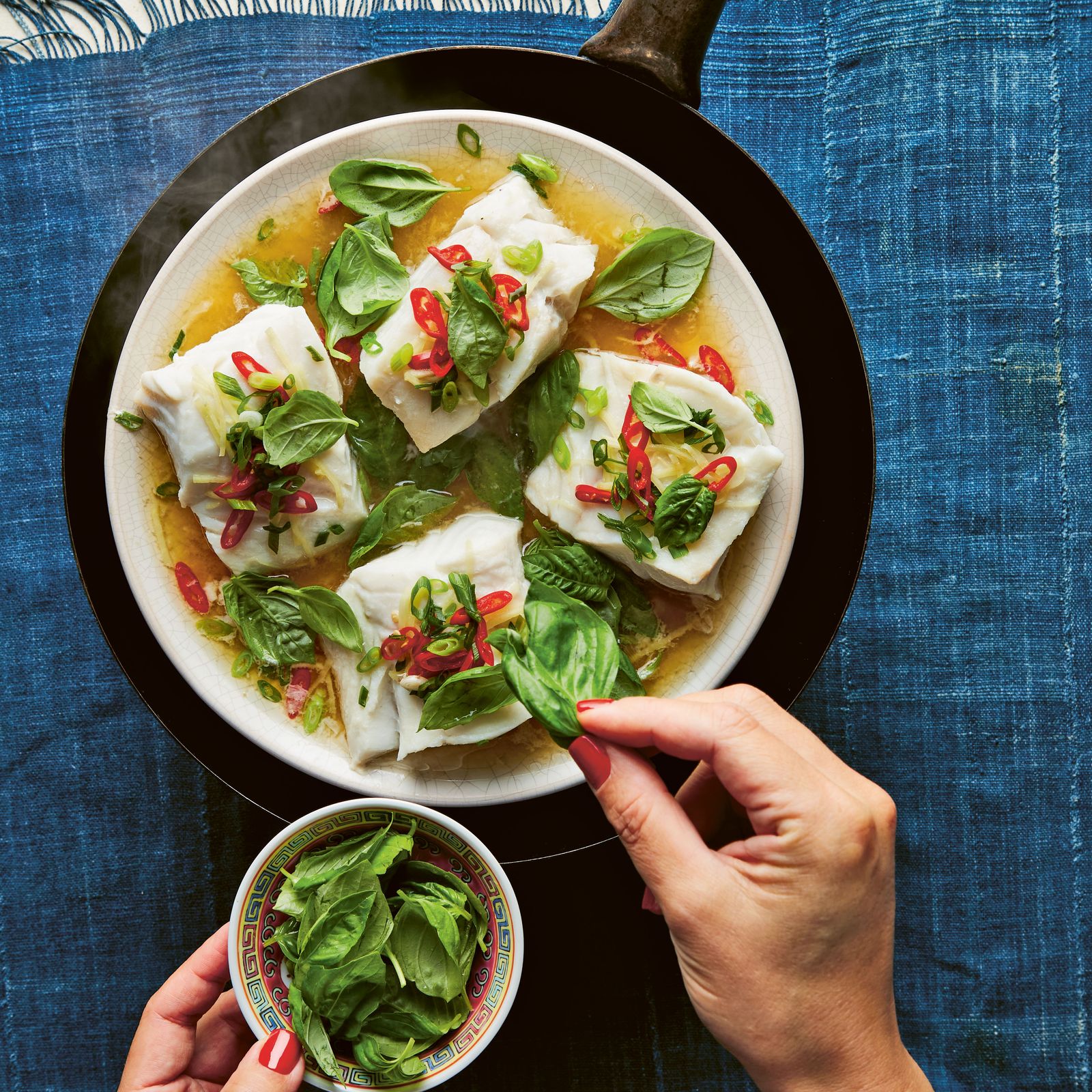 Cod with fish sauce, chillies, ginger and basil