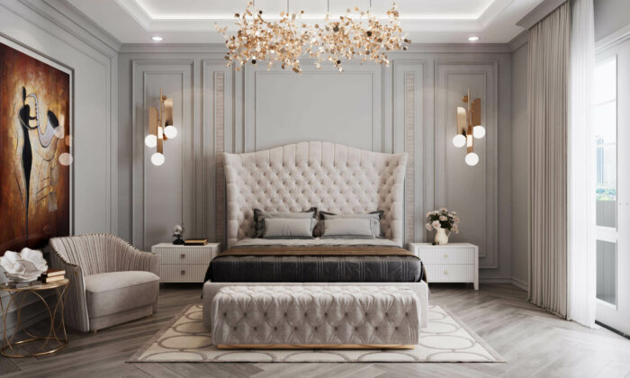 Nội thất phòng ngủ Hà Nội phong cách tân cổ điển có một vài nét tương đồng với phong cách cổ điển như tính đối xứng trong việc sắp xếp vị trí hay hoa văn nội thất.